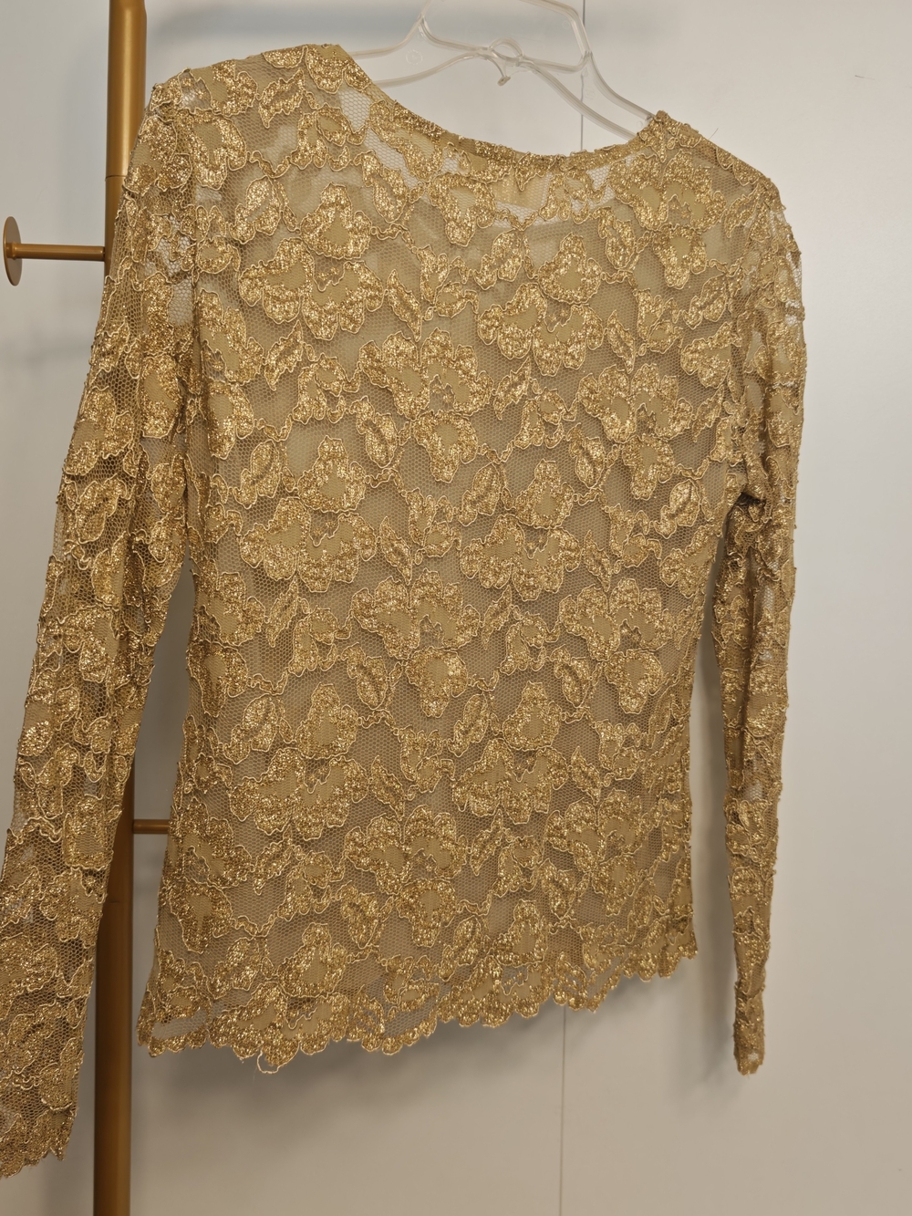 Dainty Gold Lace Sheer Novelty Y2K Long Sleeve Top Metallic Blouse Size Large - Picture 5 of 7
